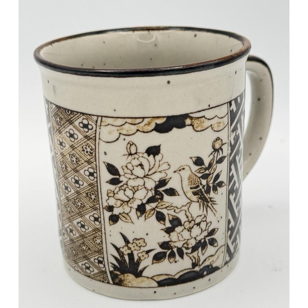 Stoneware Mug Brown Speckled Bird Cherry Blossom Japan Vintage Festival MCM